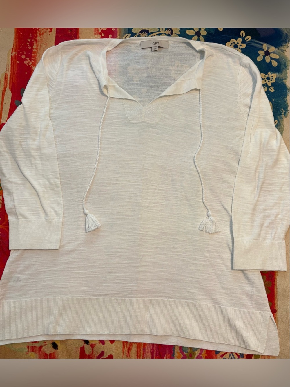 LOFT White Slub Knit Tassel Top Square Neck Boho Long Sleeve Blouse Style 529366